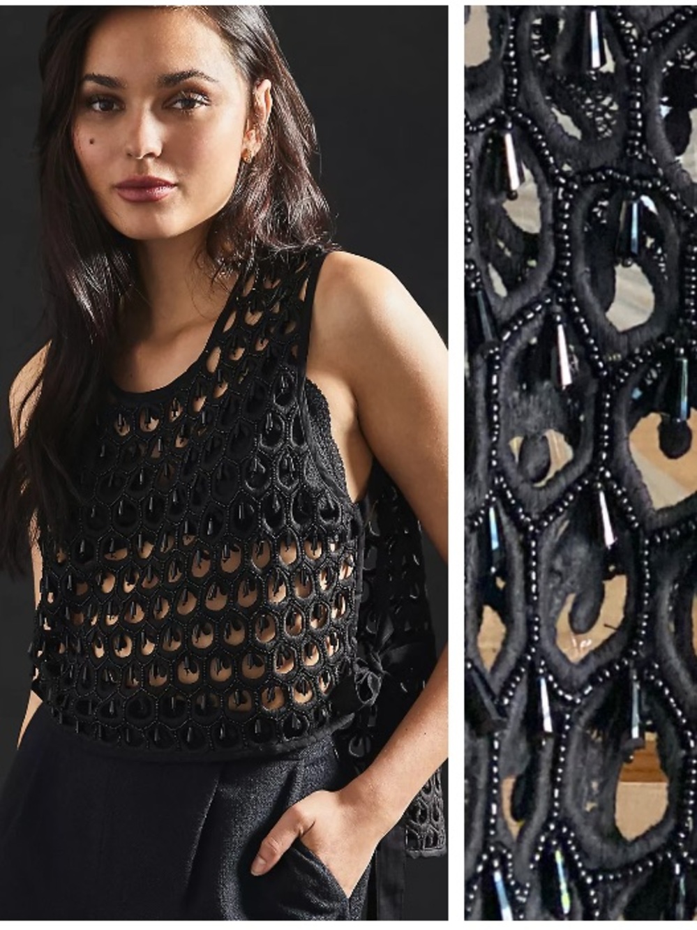 Anthropologie Black Beaded Tank Top One Size
